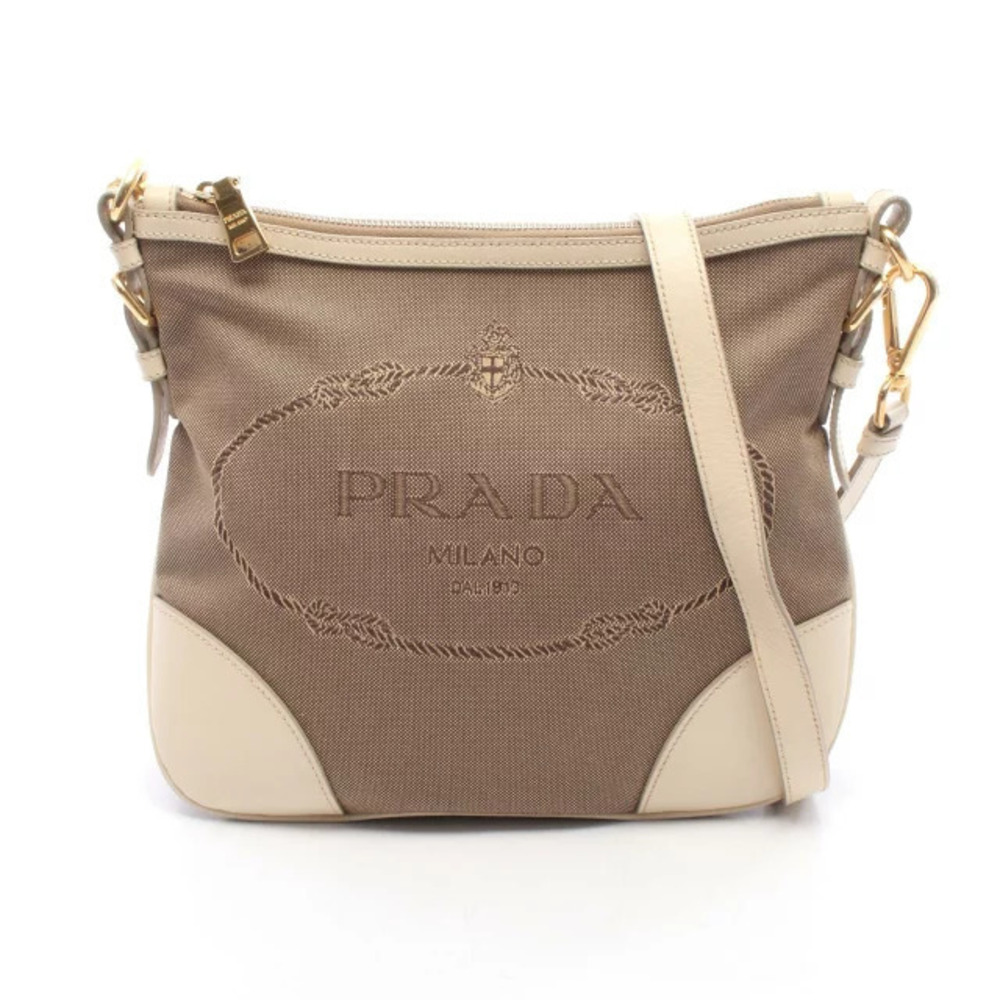 Prada JACQUARD Shoulder Bag Canvas Leather Beige Cream Ivory White
